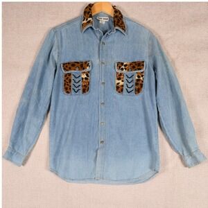 Vintage Denim Shirt Leopard Print Collar Pockets Lace Up Women's Size Small
